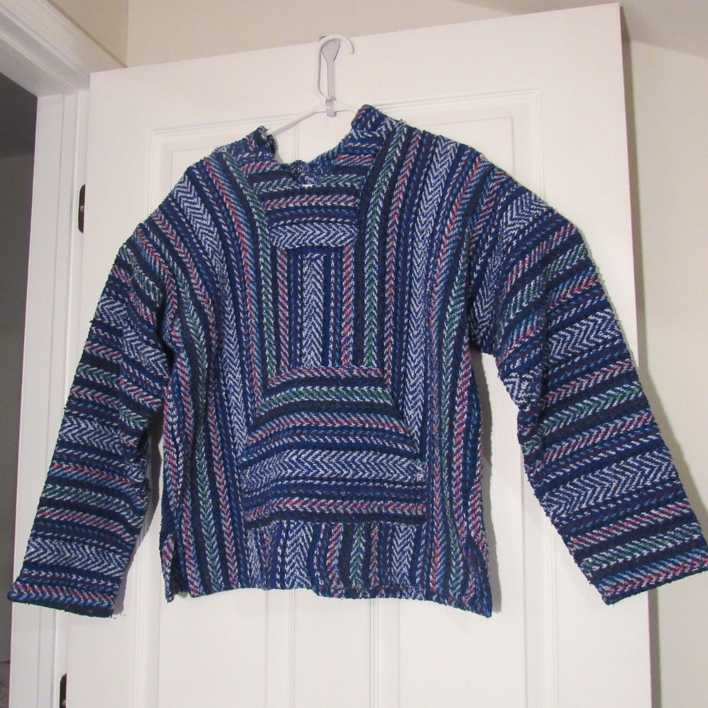 BAJA JOE Blue Thick Poncho Hoodie Striped Sweather, Unisex Adult, Size: Large
